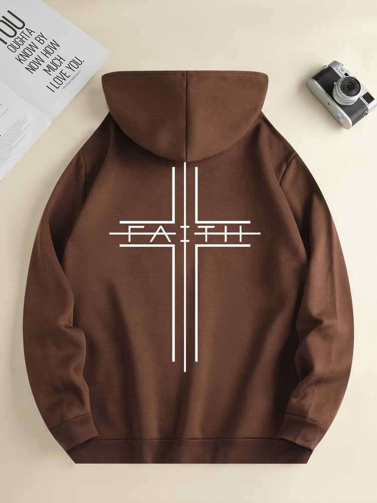 FAITH Print Kangaroo Pocket Hoodie, Casual Long Sleeve Drawstring Hoodies Sweatshirt, Men&