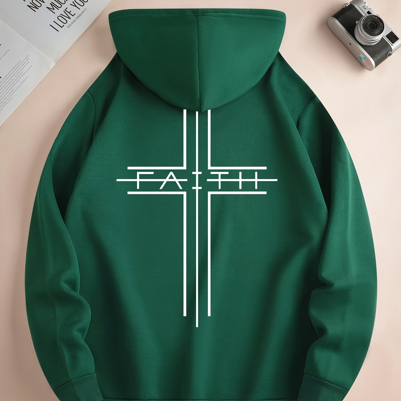 FAITH Print Kangaroo Pocket Hoodie, Casual Long Sleeve Drawstring Hoodies Sweatshirt, Men&
