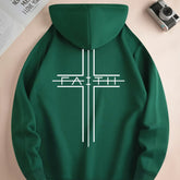FAITH Print Kangaroo Pocket Hoodie, Casual Long Sleeve Drawstring Hoodies Sweatshirt, Men&