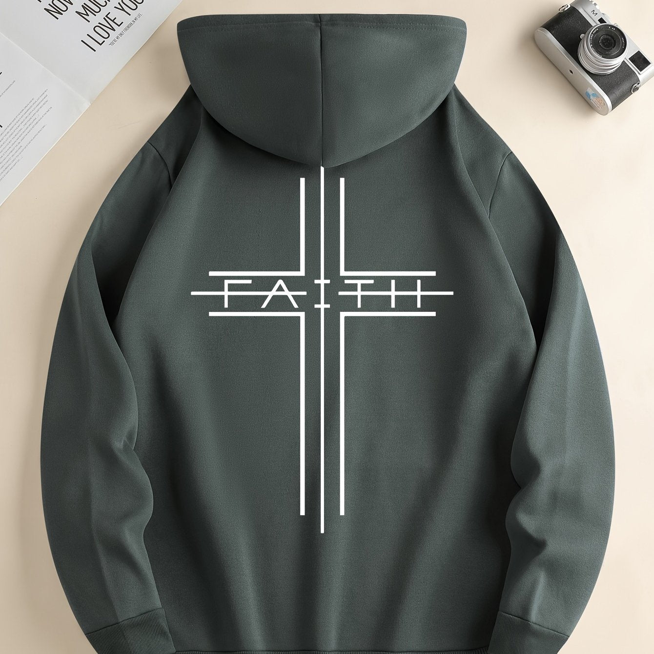 FAITH Print Kangaroo Pocket Hoodie, Casual Long Sleeve Drawstring Hoodies Sweatshirt, Men&