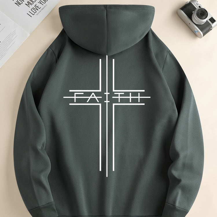 FAITH Print Kangaroo Pocket Hoodie, Casual Long Sleeve Drawstring Hoodies Sweatshirt, Men&