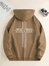 FAITH Print Kangaroo Pocket Hoodie, Casual Long Sleeve Drawstring Hoodies Sweatshirt, Men&
