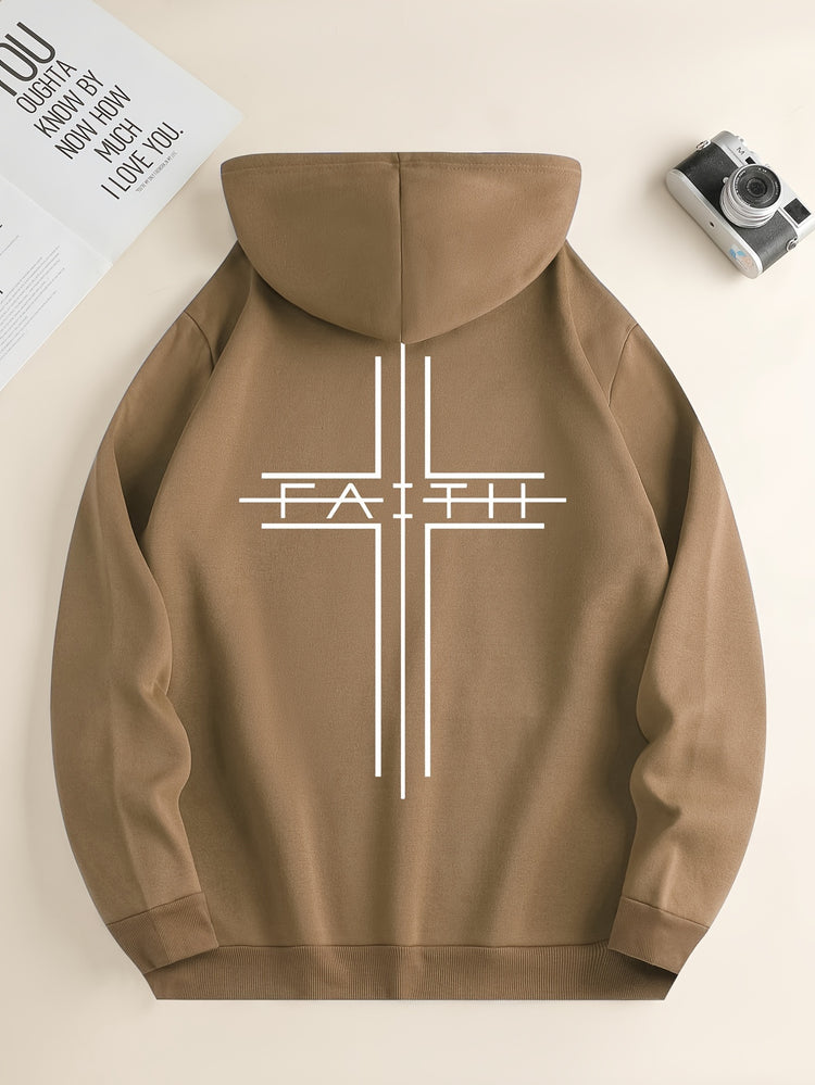 FAITH Print Kangaroo Pocket Hoodie, Casual Long Sleeve Drawstring Hoodies Sweatshirt, Men&