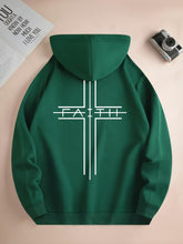 FAITH Print Kangaroo Pocket Hoodie, Casual Long Sleeve Drawstring Hoodies Sweatshirt, Men&