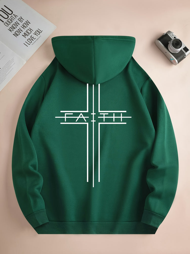 FAITH Print Kangaroo Pocket Hoodie, Casual Long Sleeve Drawstring Hoodies Sweatshirt, Men&