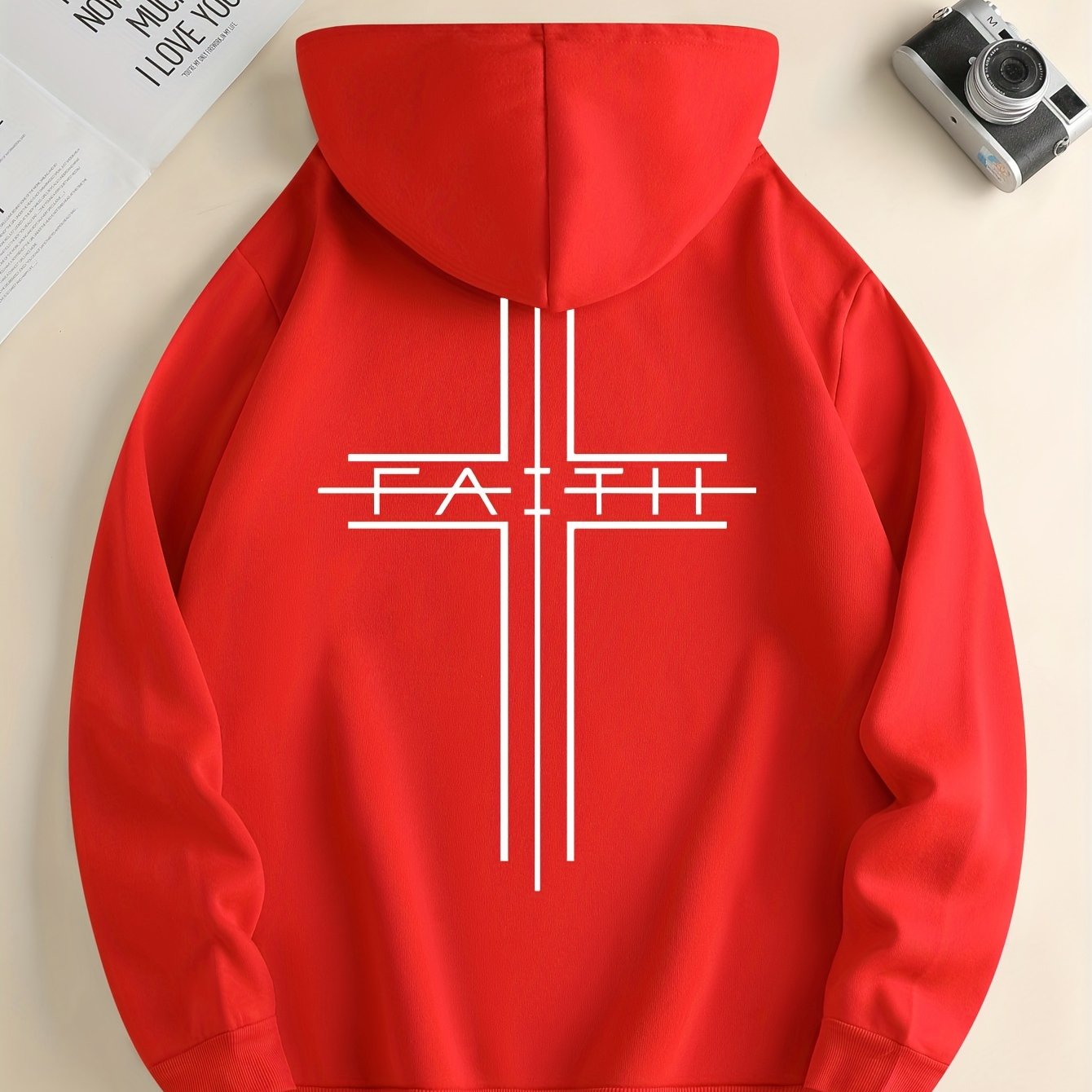 FAITH Print Kangaroo Pocket Hoodie, Casual Long Sleeve Drawstring Hoodies Sweatshirt, Men&