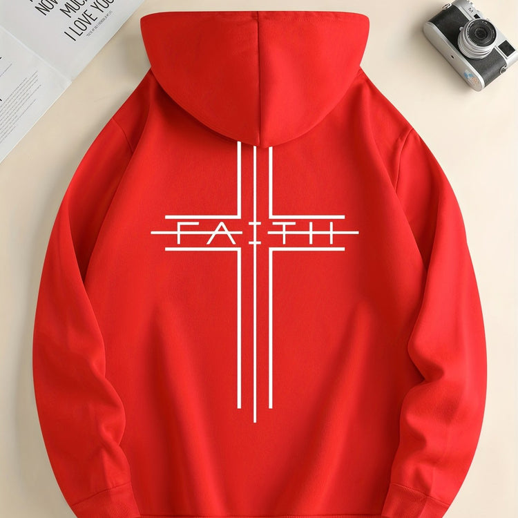 FAITH Print Kangaroo Pocket Hoodie, Casual Long Sleeve Drawstring Hoodies Sweatshirt, Men&