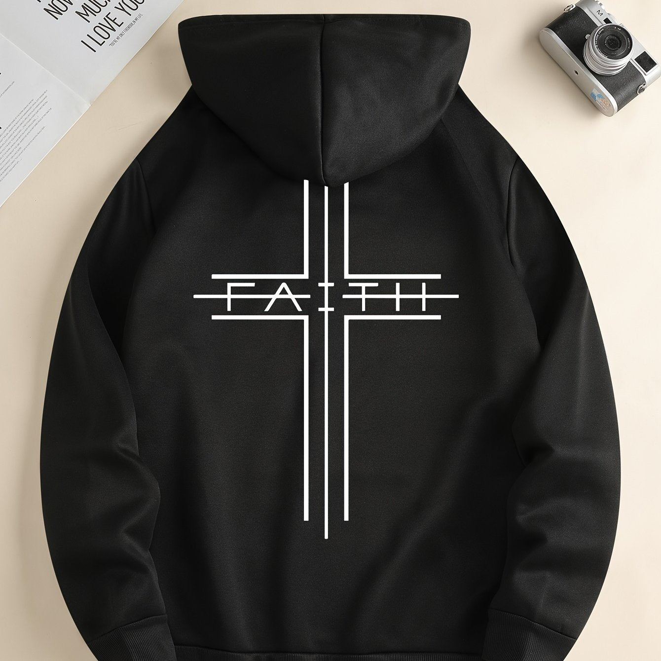 FAITH Print Kangaroo Pocket Hoodie, Casual Long Sleeve Drawstring Hoodies Sweatshirt, Men&
