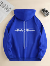 FAITH Print Kangaroo Pocket Hoodie, Casual Long Sleeve Drawstring Hoodies Sweatshirt, Men&