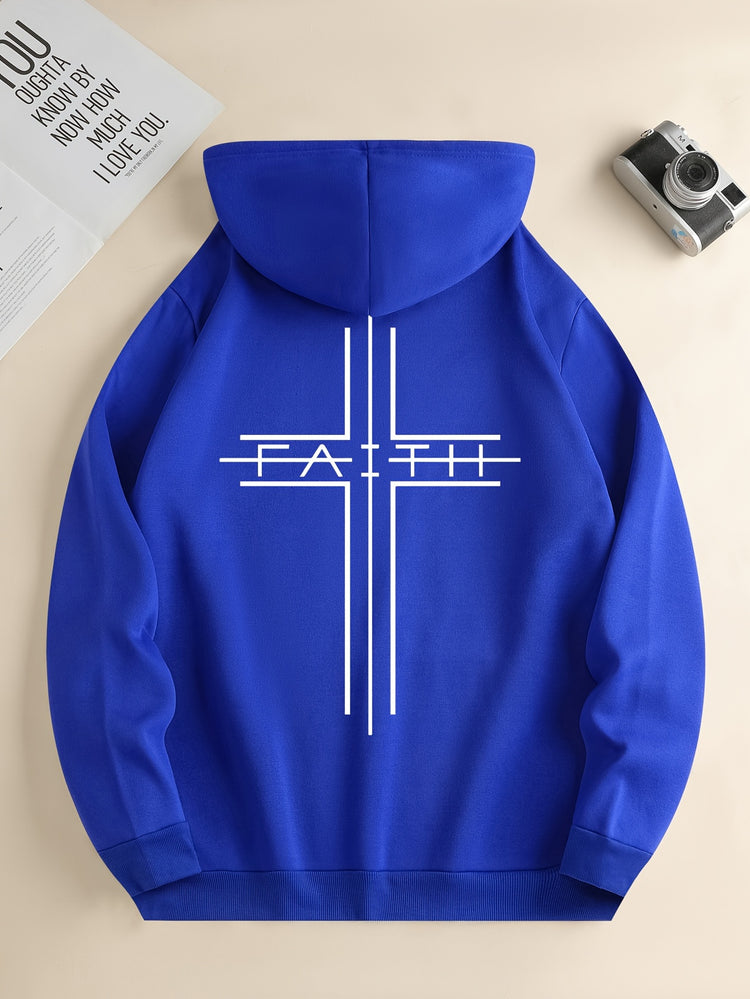 FAITH Print Kangaroo Pocket Hoodie, Casual Long Sleeve Drawstring Hoodies Sweatshirt, Men&