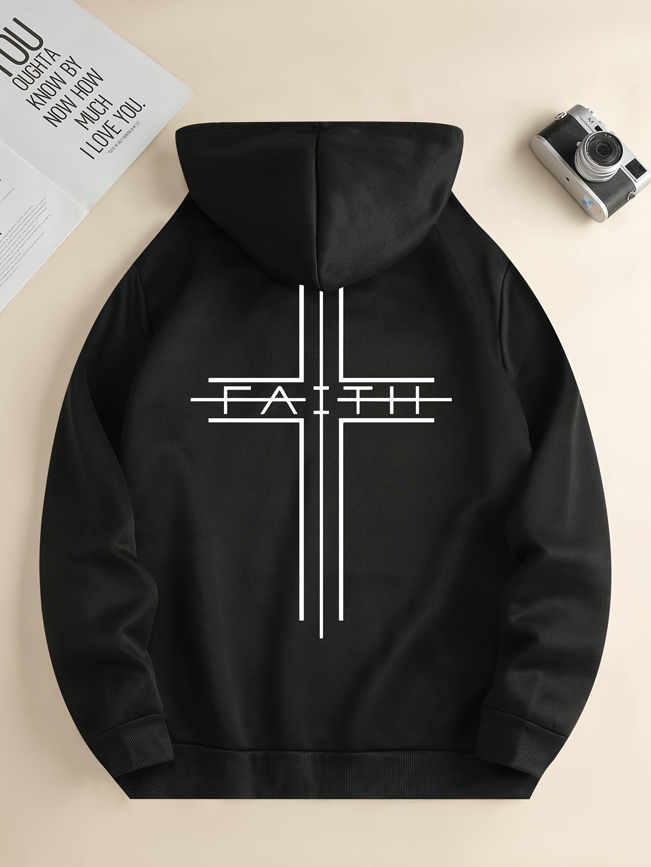 FAITH Print Kangaroo Pocket Hoodie, Casual Long Sleeve Drawstring Hoodies Sweatshirt, Men&