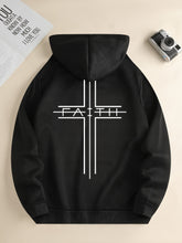 FAITH Print Kangaroo Pocket Hoodie, Casual Long Sleeve Drawstring Hoodies Sweatshirt, Men&