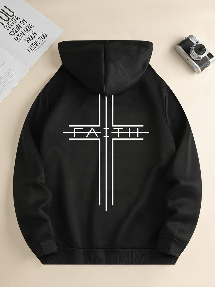 FAITH Print Kangaroo Pocket Hoodie, Casual Long Sleeve Drawstring Hoodies Sweatshirt, Men&