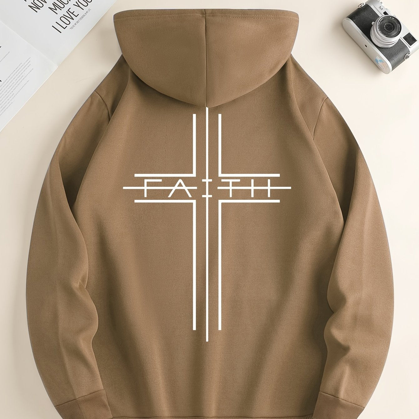 FAITH Print Kangaroo Pocket Hoodie, Casual Long Sleeve Drawstring Hoodies Sweatshirt, Men&