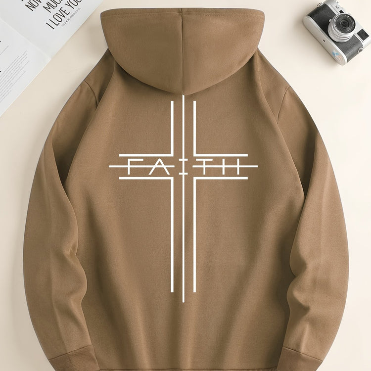 FAITH Print Kangaroo Pocket Hoodie, Casual Long Sleeve Drawstring Hoodies Sweatshirt, Men&