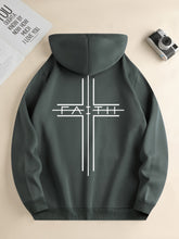 FAITH Print Kangaroo Pocket Hoodie, Casual Long Sleeve Drawstring Hoodies Sweatshirt, Men&