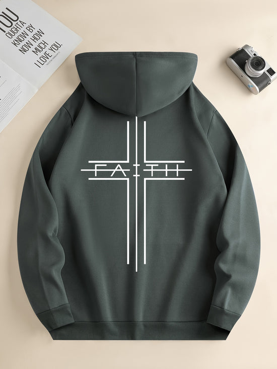 FAITH Print Kangaroo Pocket Hoodie, Casual Long Sleeve Drawstring Hoodies Sweatshirt, Men&