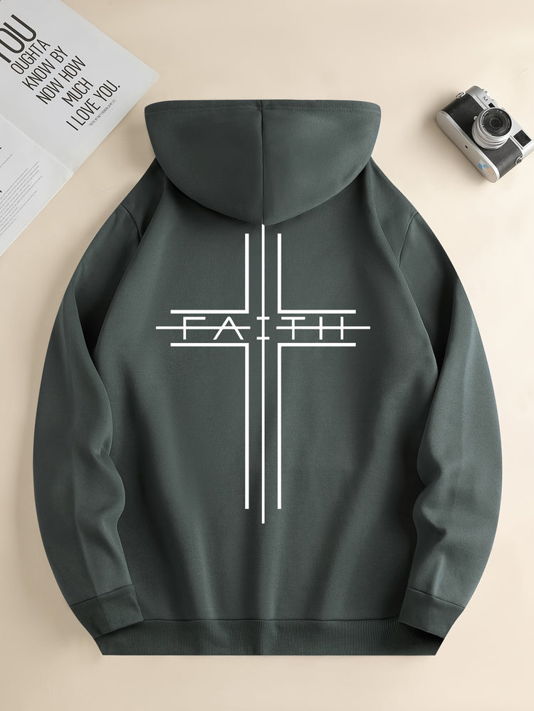 FAITH Print Kangaroo Pocket Hoodie, Casual Long Sleeve Drawstring Hoodies Sweatshirt, Men&