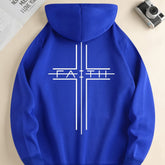 FAITH Print Kangaroo Pocket Hoodie, Casual Long Sleeve Drawstring Hoodies Sweatshirt, Men&