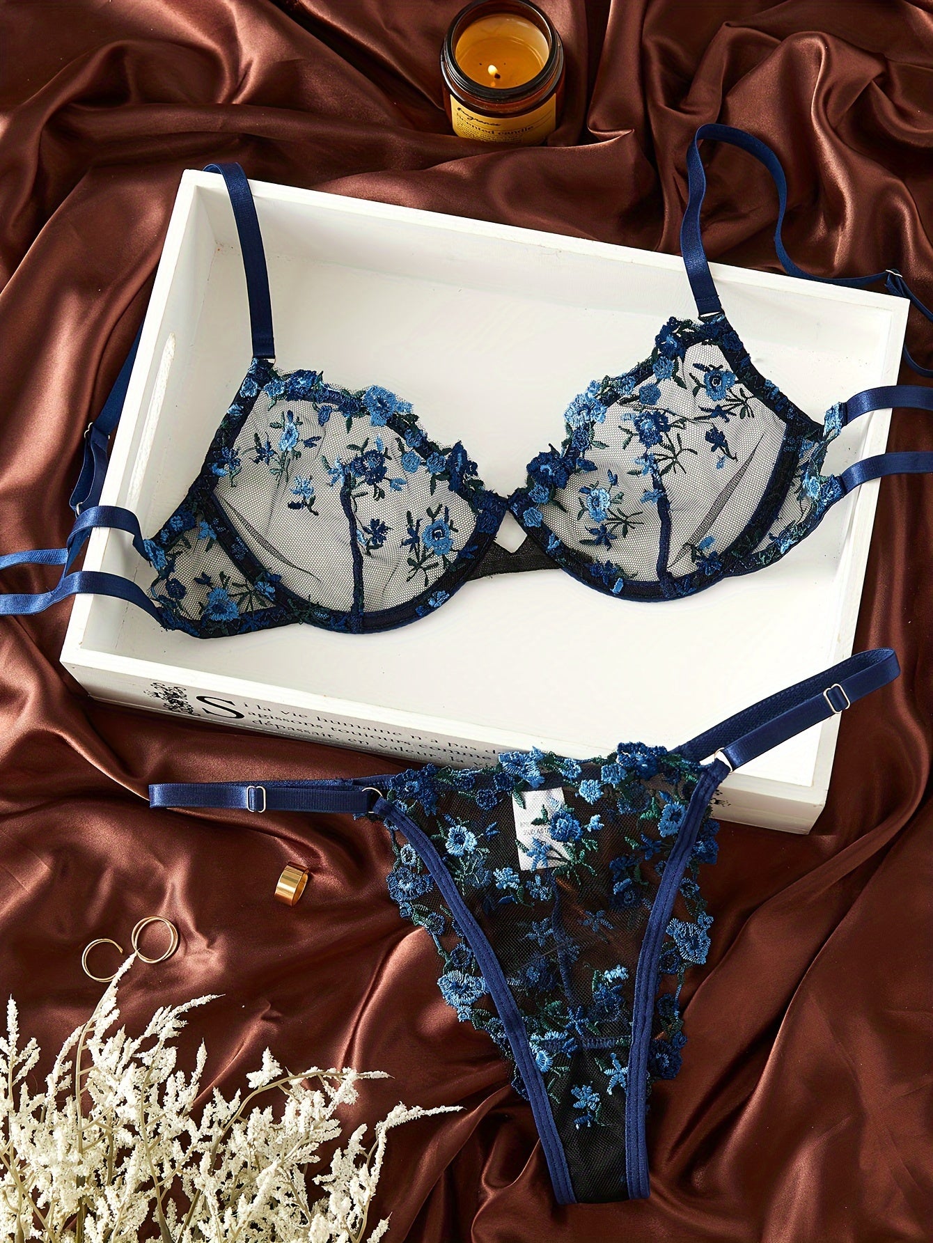 Floral Embroidery Lingerie Set, Cut Out Unlined Bra & Mesh Thong, Women&