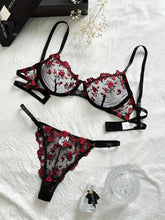 Floral Embroidery Lingerie Set, Cut Out Unlined Bra & Mesh Thong, Women&