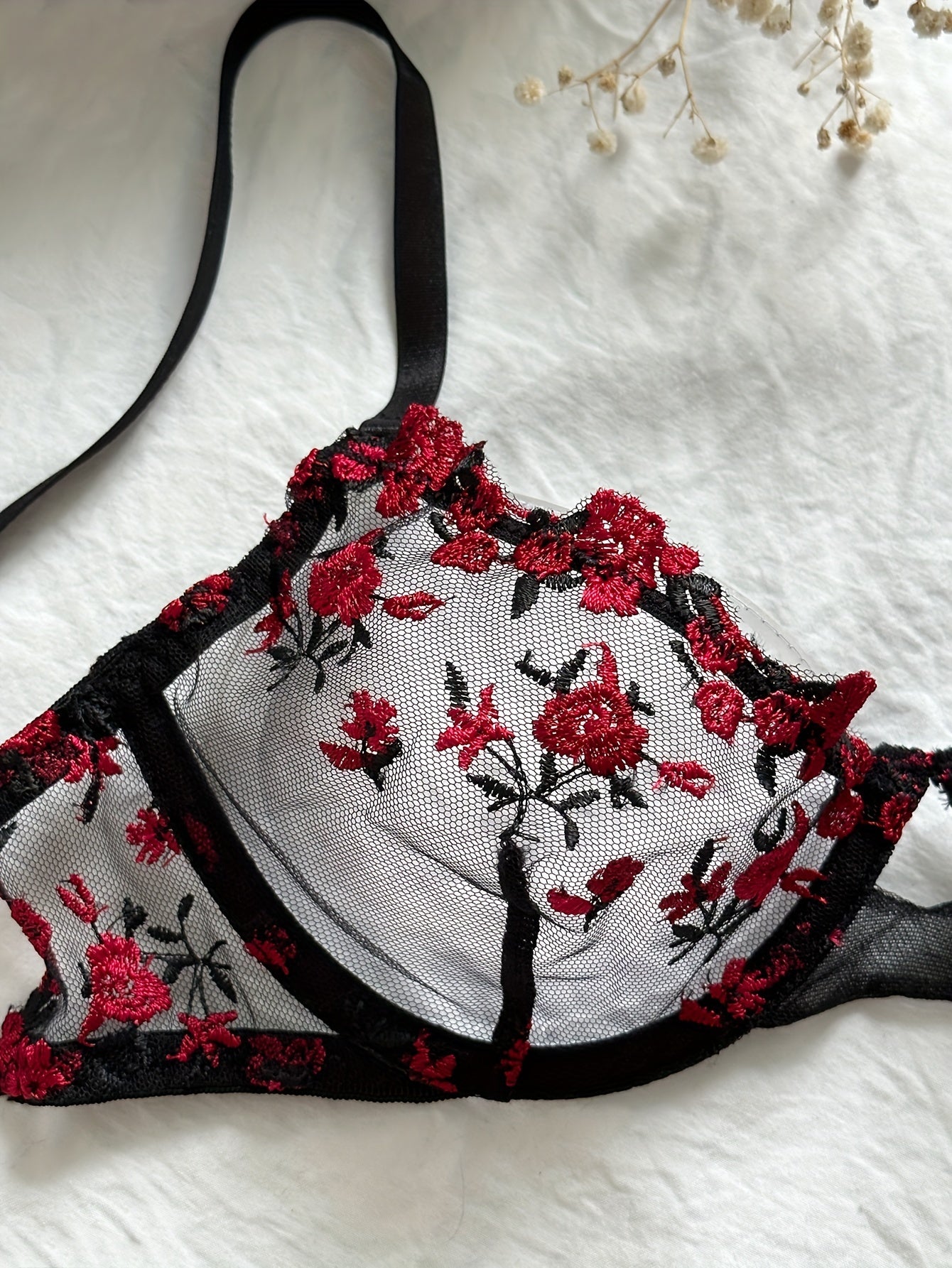 Floral Embroidery Lingerie Set, Cut Out Unlined Bra & Mesh Thong, Women&