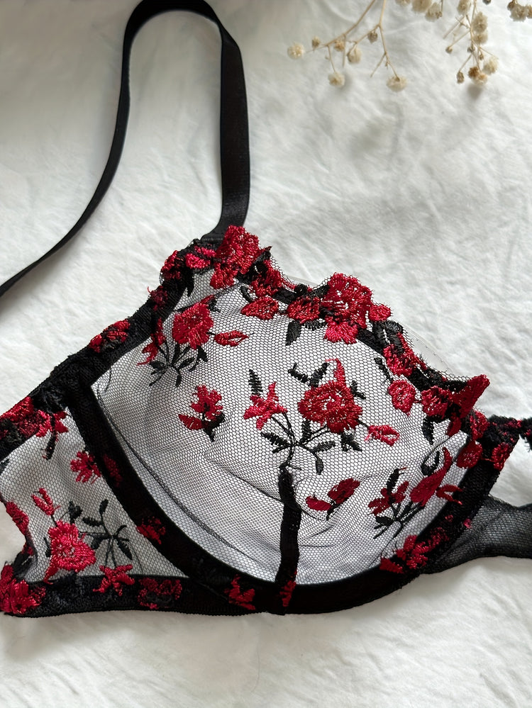Floral Embroidery Lingerie Set, Cut Out Unlined Bra & Mesh Thong, Women&