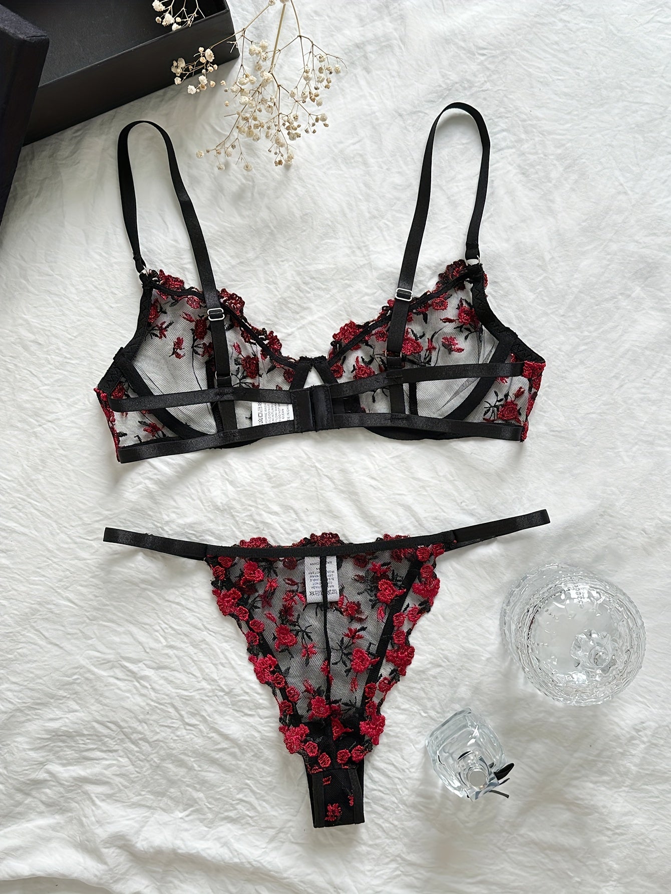 Floral Embroidery Lingerie Set, Cut Out Unlined Bra & Mesh Thong, Women&