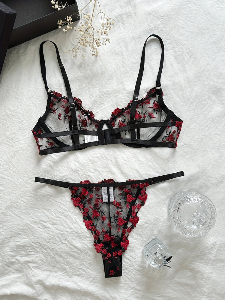 Floral Embroidery Lingerie Set, Cut Out Unlined Bra & Mesh Thong, Women&