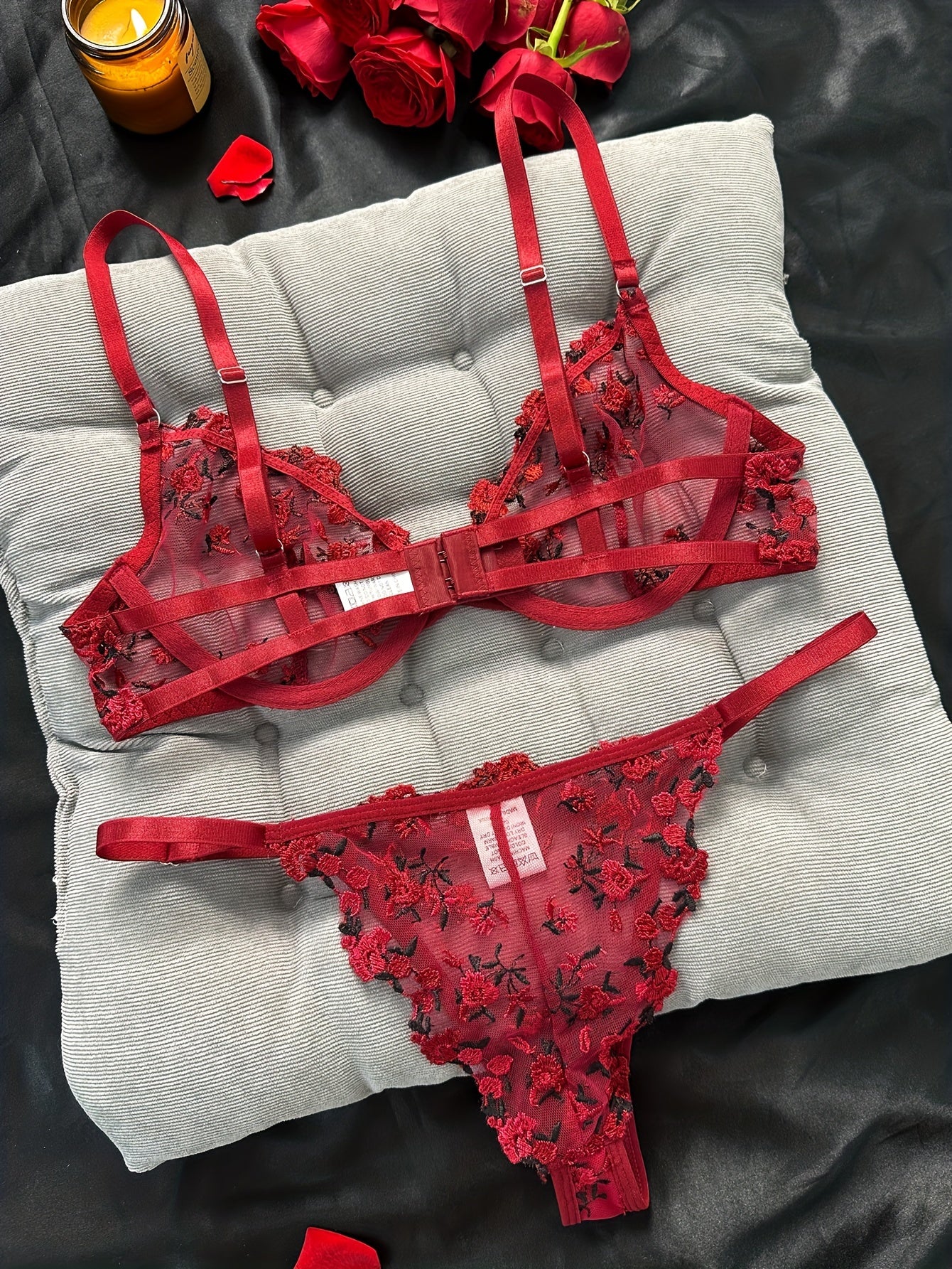 Floral Embroidery Lingerie Set, Cut Out Unlined Bra & Mesh Thong, Women&