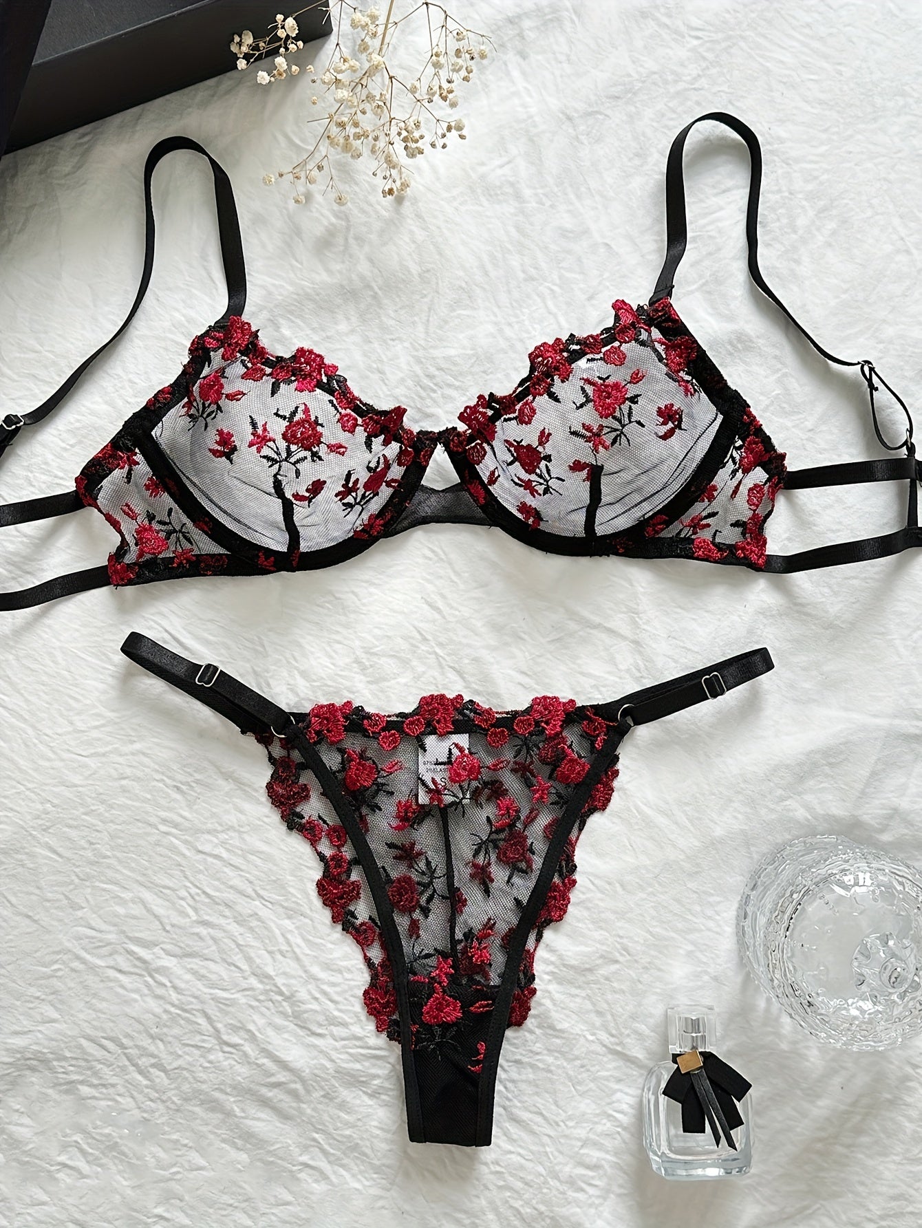 Floral Embroidery Lingerie Set, Cut Out Unlined Bra & Mesh Thong, Women&