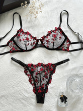Floral Embroidery Lingerie Set, Cut Out Unlined Bra & Mesh Thong, Women&