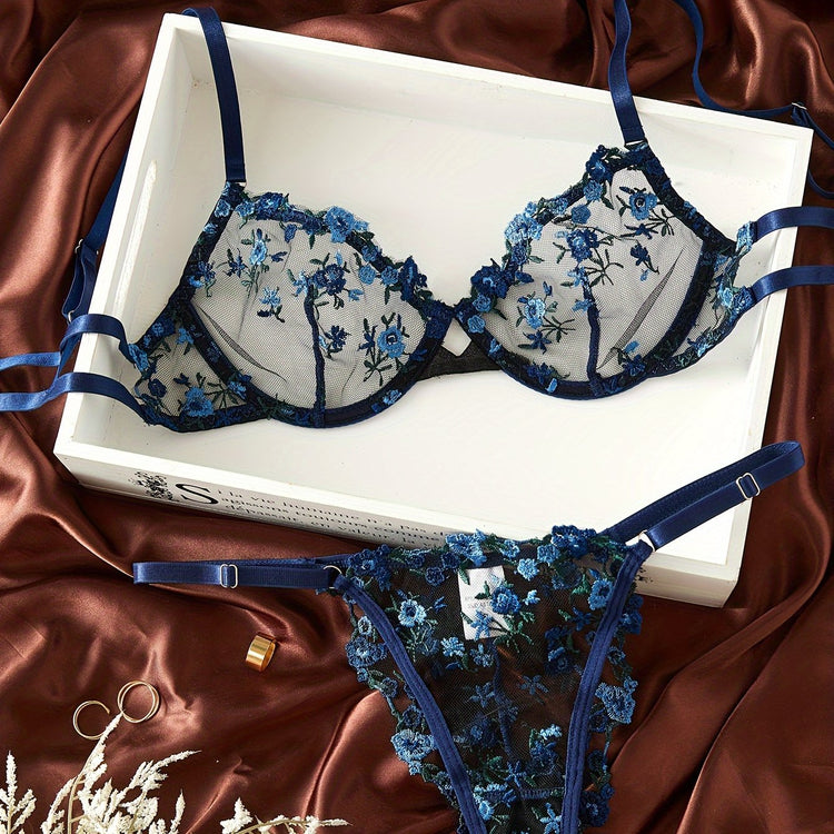 Floral Embroidery Lingerie Set, Cut Out Unlined Bra & Mesh Thong, Women&