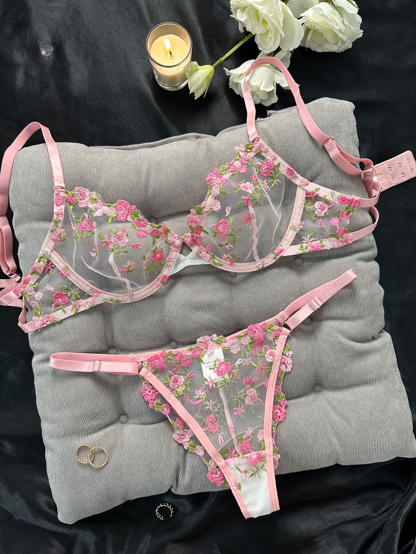 Floral Embroidery Lingerie Set, Cut Out Unlined Bra & Mesh Thong, Women&