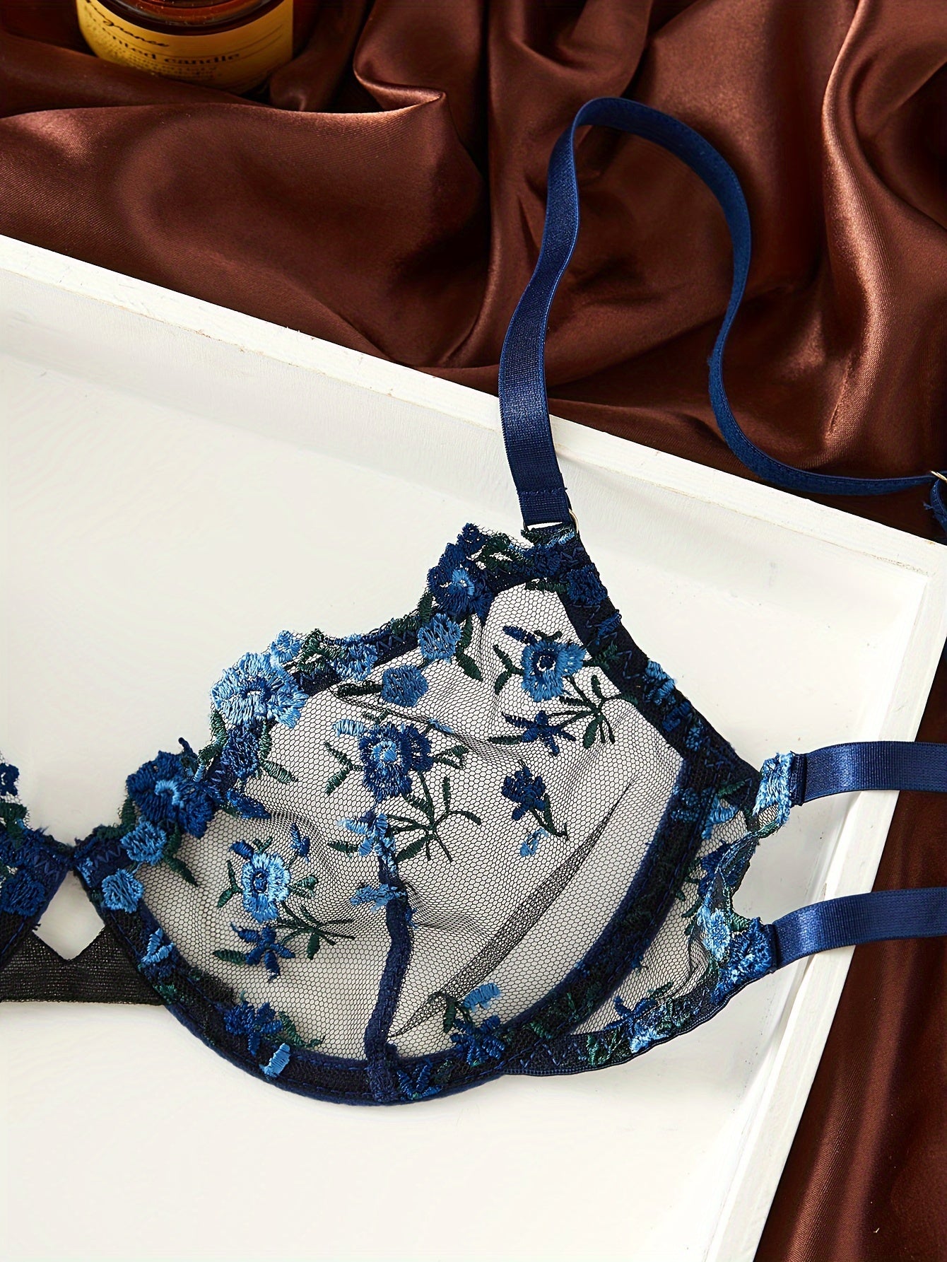 Floral Embroidery Lingerie Set, Cut Out Unlined Bra & Mesh Thong, Women&