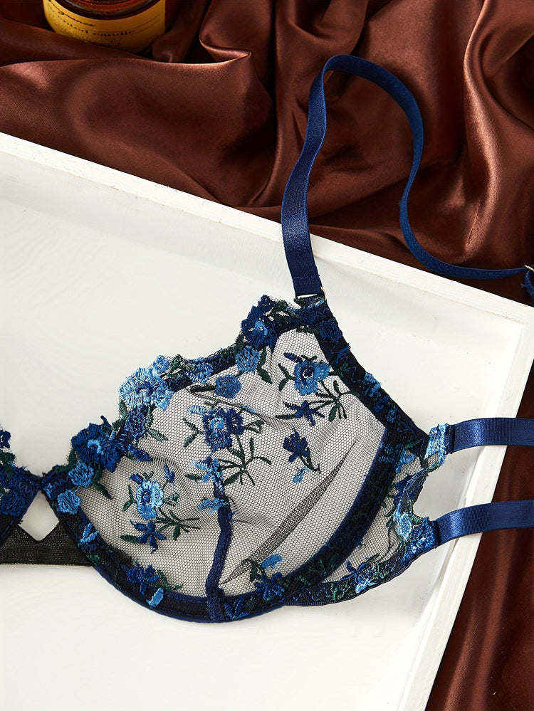 Floral Embroidery Lingerie Set, Cut Out Unlined Bra & Mesh Thong, Women&