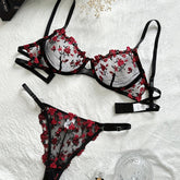 Floral Embroidery Lingerie Set, Cut Out Unlined Bra & Mesh Thong, Women&