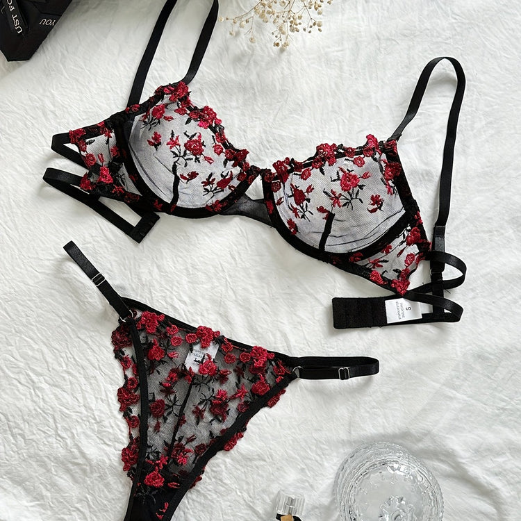 Floral Embroidery Lingerie Set, Cut Out Unlined Bra & Mesh Thong, Women&