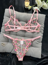 Floral Embroidery Lingerie Set, Cut Out Unlined Bra & Mesh Thong, Women&