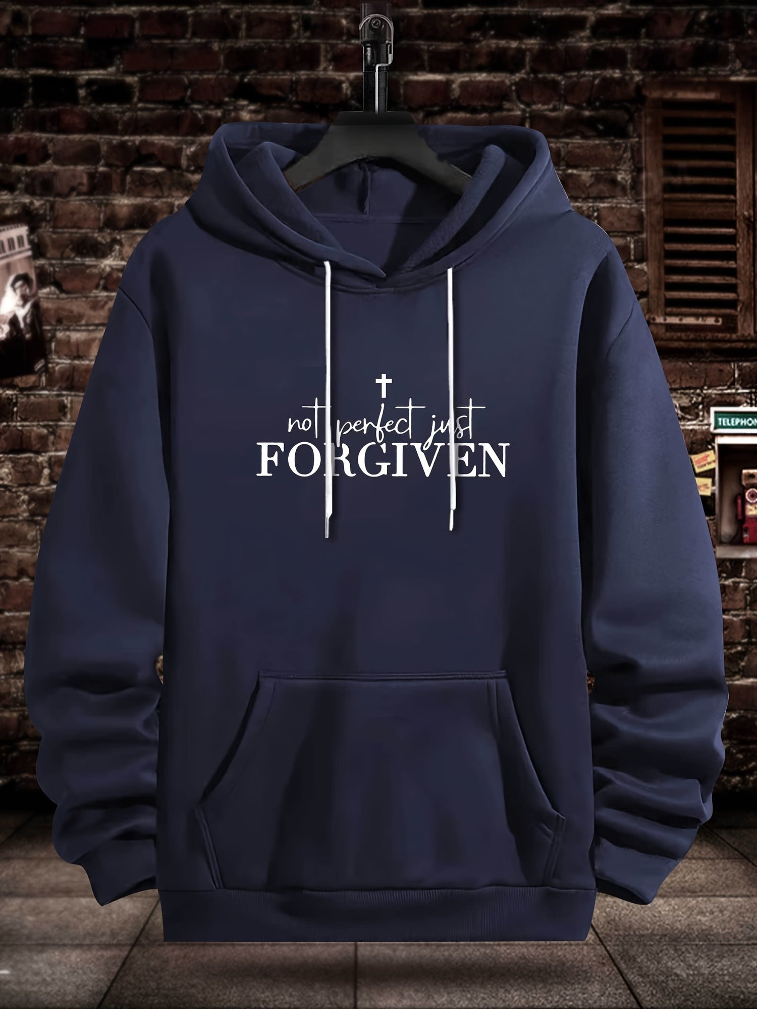 FORGIVEN Print Kangaroo Pocket Hoodie, Casual Long Sleeve Hoodies Sweatshirt, Men&
