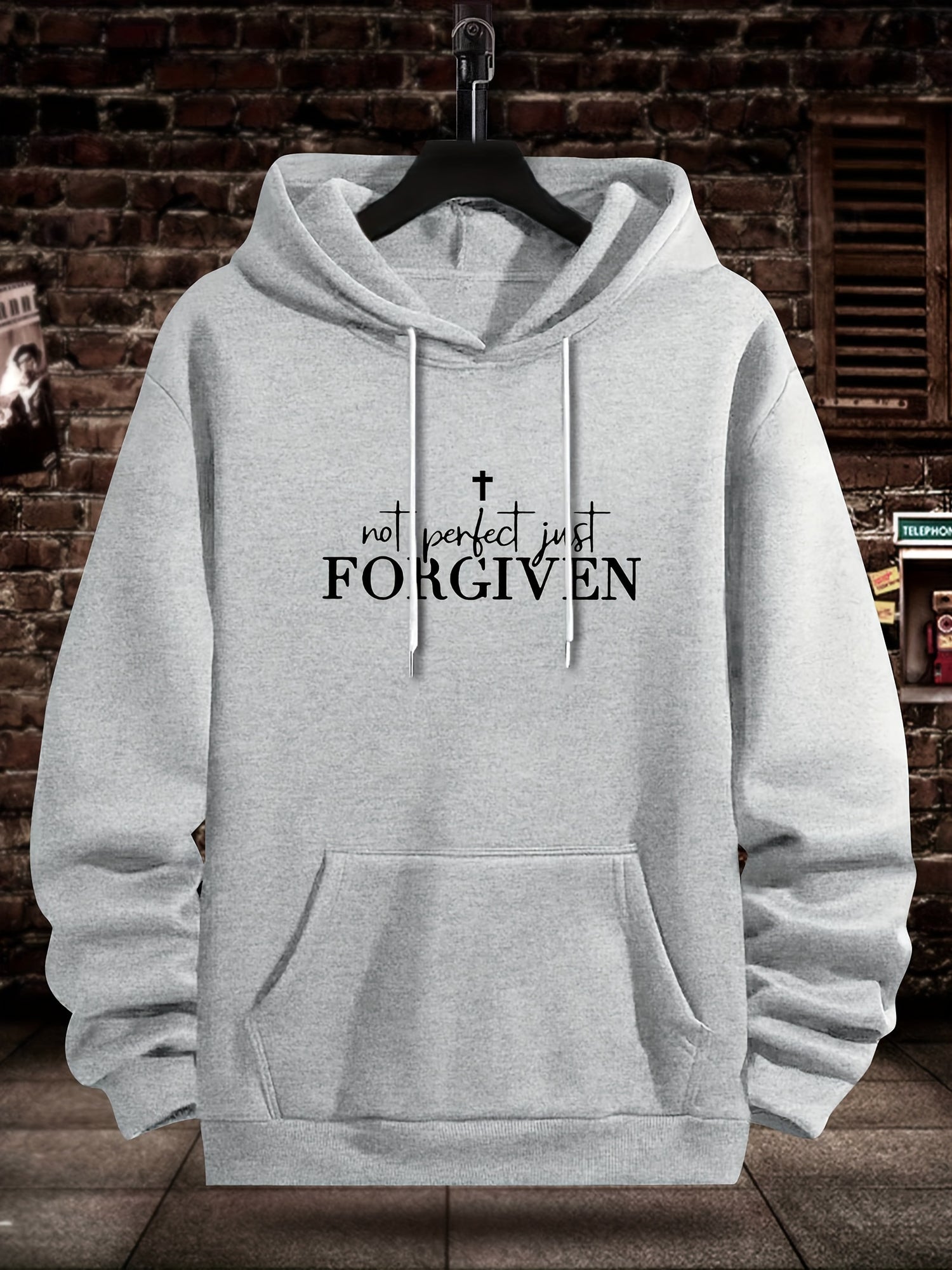 FORGIVEN Print Kangaroo Pocket Hoodie, Casual Long Sleeve Hoodies Sweatshirt, Men&