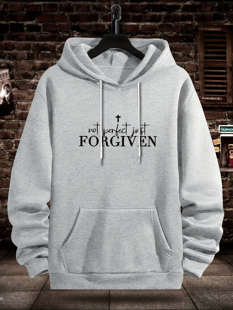 FORGIVEN Print Kangaroo Pocket Hoodie, Casual Long Sleeve Hoodies Sweatshirt, Men&