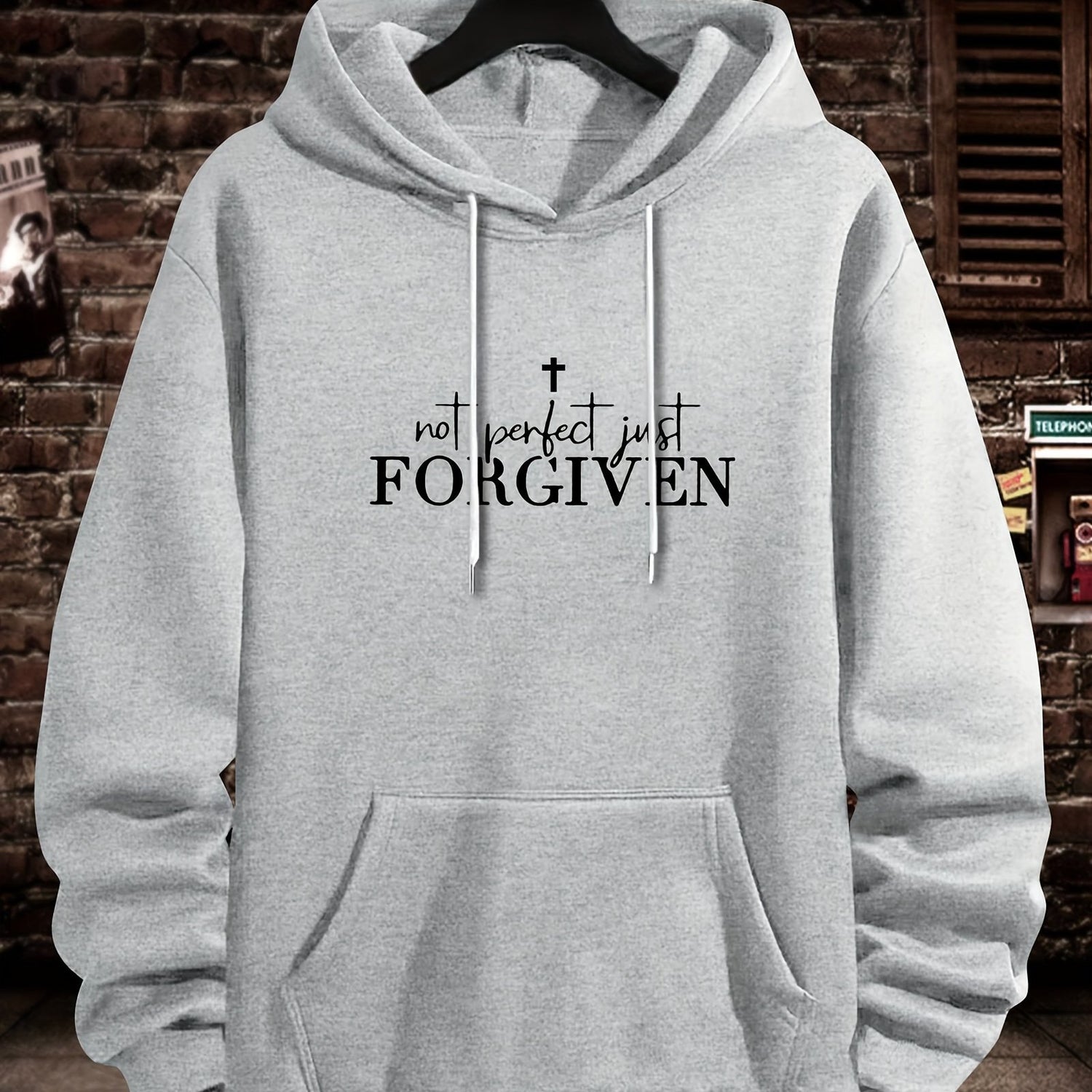 FORGIVEN Print Kangaroo Pocket Hoodie, Casual Long Sleeve Hoodies Sweatshirt, Men&