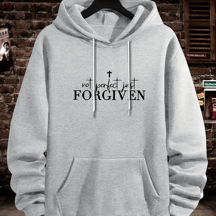 FORGIVEN Print Kangaroo Pocket Hoodie, Casual Long Sleeve Hoodies Sweatshirt, Men&