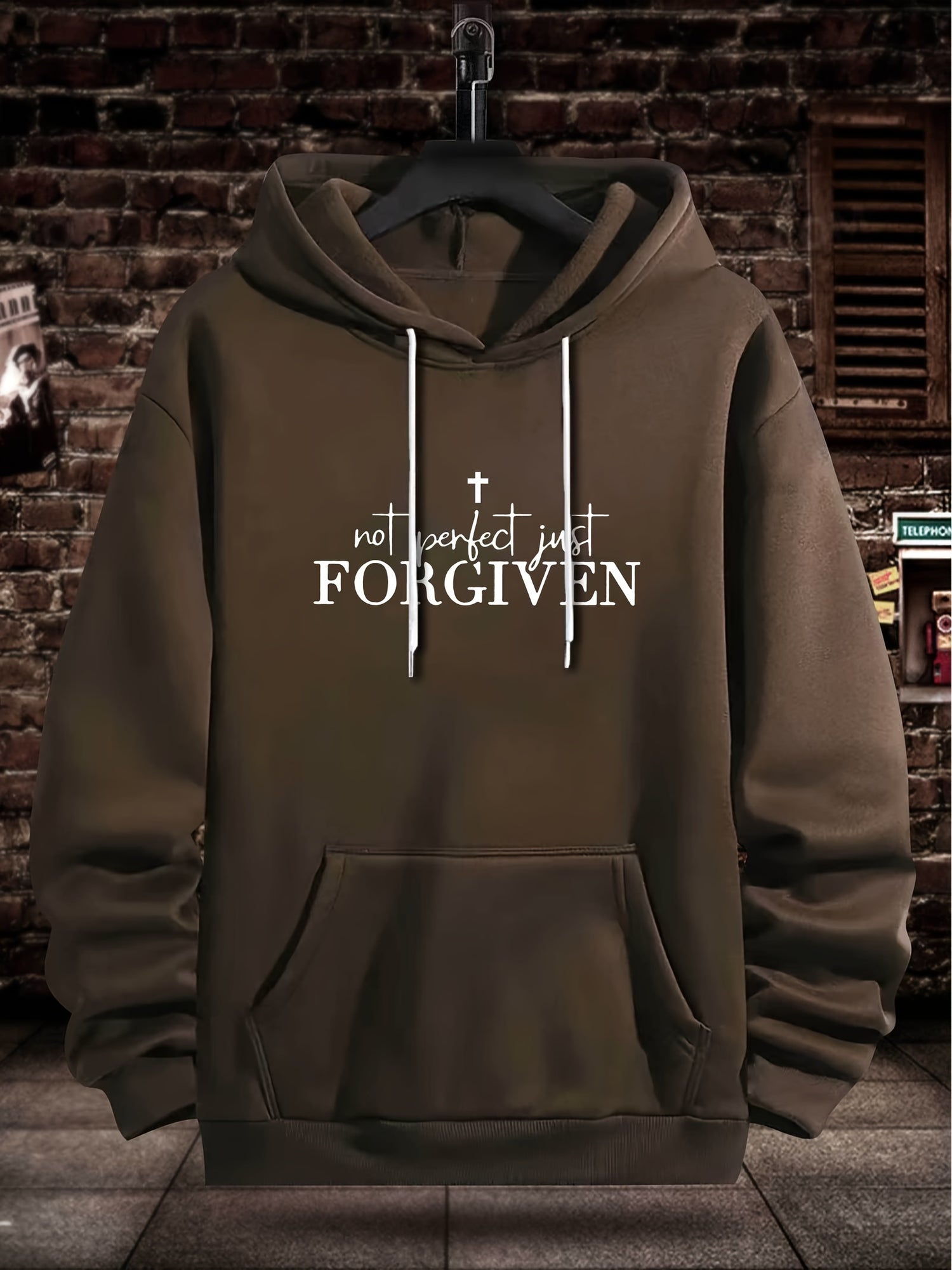 FORGIVEN Print Kangaroo Pocket Hoodie, Casual Long Sleeve Hoodies Sweatshirt, Men&