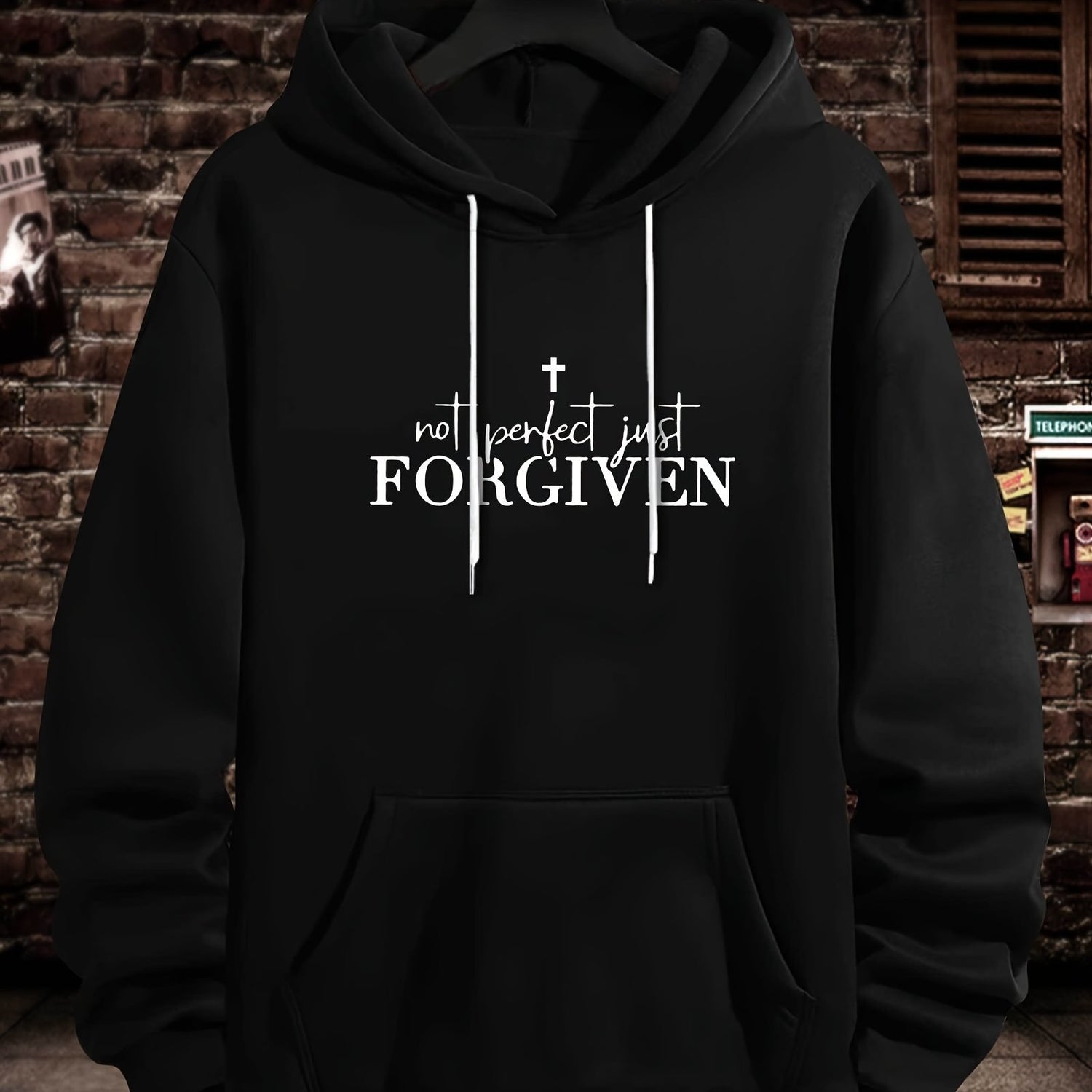 FORGIVEN Print Kangaroo Pocket Hoodie, Casual Long Sleeve Hoodies Sweatshirt, Men&