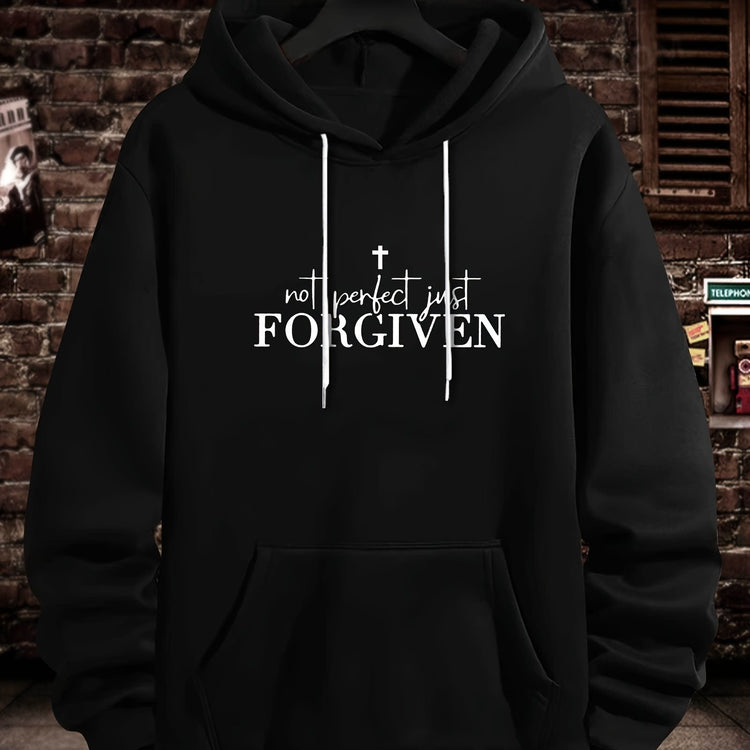 FORGIVEN Print Kangaroo Pocket Hoodie, Casual Long Sleeve Hoodies Sweatshirt, Men&