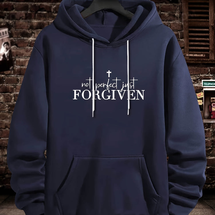 FORGIVEN Print Kangaroo Pocket Hoodie, Casual Long Sleeve Hoodies Sweatshirt, Men&