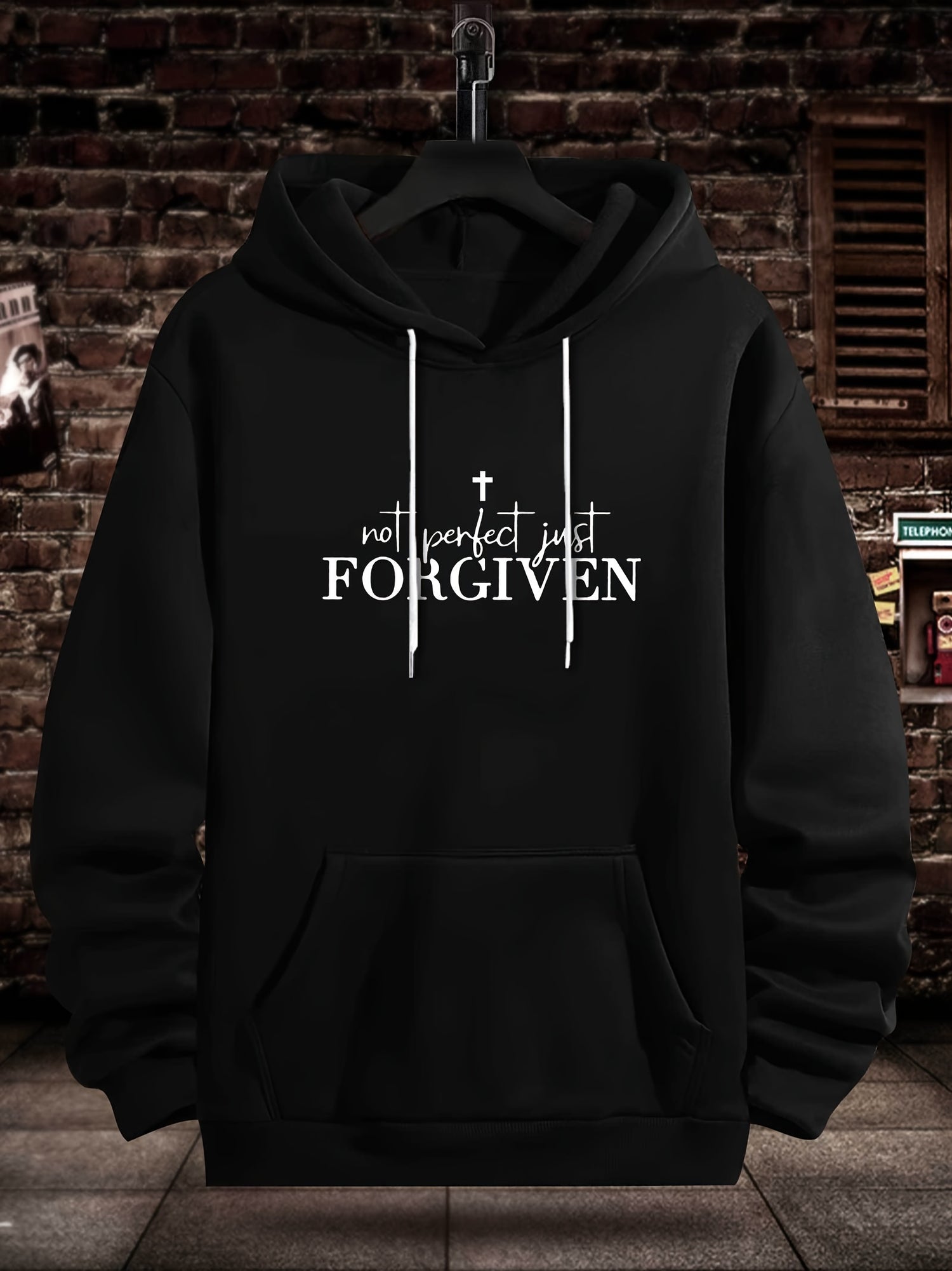 FORGIVEN Print Kangaroo Pocket Hoodie, Casual Long Sleeve Hoodies Sweatshirt, Men&