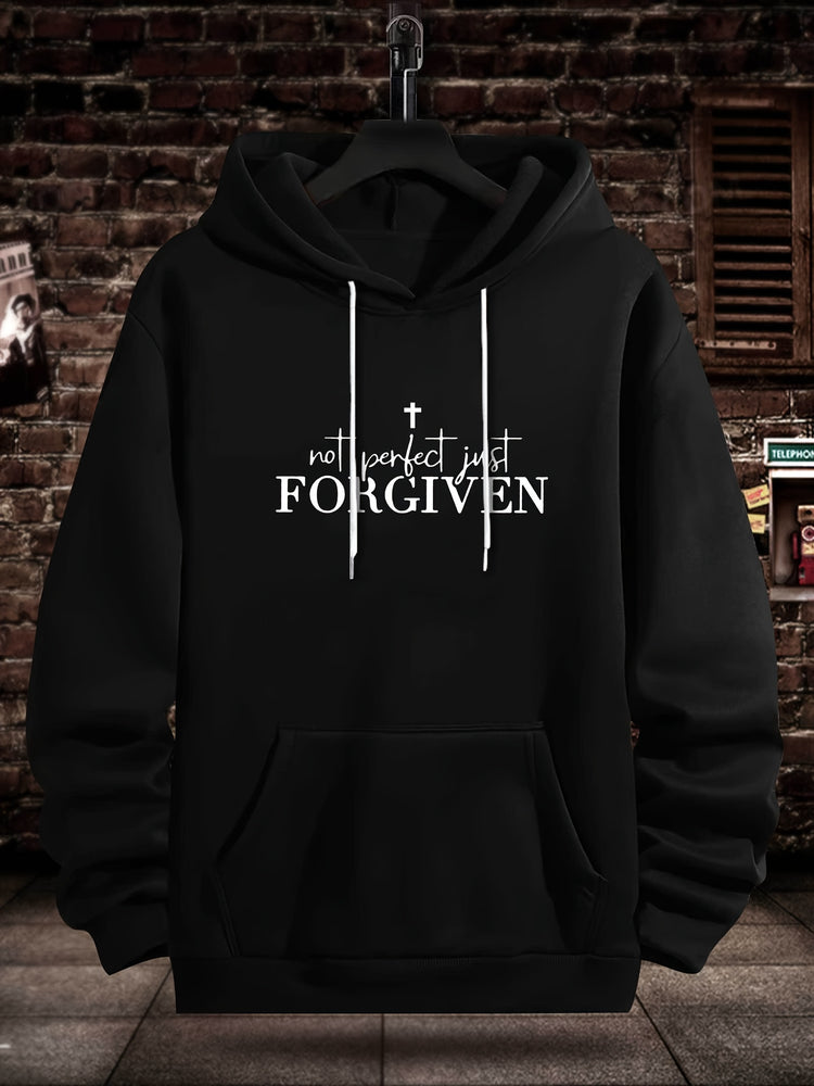 FORGIVEN Print Kangaroo Pocket Hoodie, Casual Long Sleeve Hoodies Sweatshirt, Men&